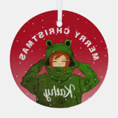 ガールウィンググリーンカエルフード付スケッチクリスマス ガラスオーナメント (裏面)