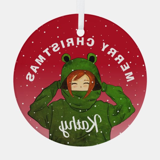 ガールウィンググリーンカエルフード付スケッチクリスマス ガラスオーナメント (裏面)