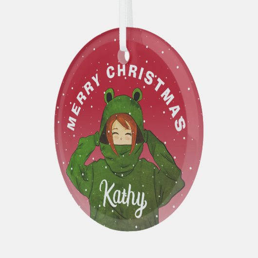 ガールウィンググリーンカエルフード付スケッチクリスマス ガラスオーナメント (正面左)
