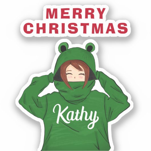 ガールウィンググリーンカエルフード付スケッチクリスマス シール (正面)