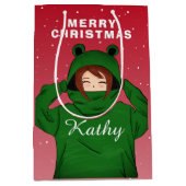 ガールウィンググリーンカエルフード付スケッチクリスマス ミディアムペーパーバッグ (正面)