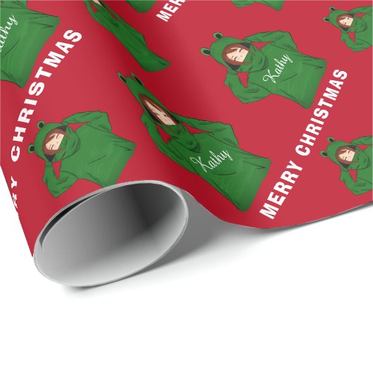 ガールウィンググリーンカエルフード付スケッチクリスマス ラッピングペーパー (ロールコーナー)