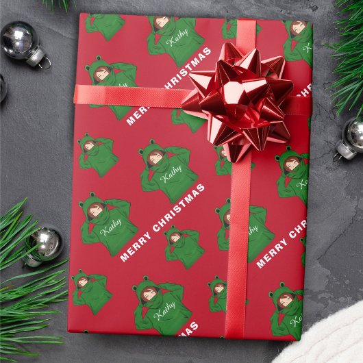 ガールウィンググリーンカエルフード付スケッチクリスマス ラッピングペーパー