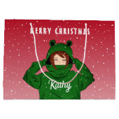 ガールウィンググリーンカエルフード付スケッチクリスマス ラージペーパーバッグ (裏面)