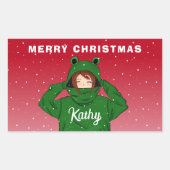 ガールウィンググリーンカエルフード付スケッチクリスマス 長方形シール (正面)