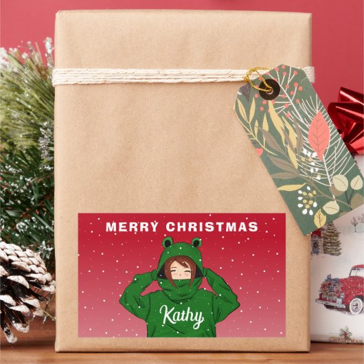 ガールウィンググリーンカエルフード付スケッチクリスマス 長方形シール (クリスマス)