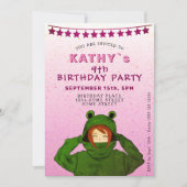 ガールウィンググリーンカエルフード付スケッチピンク誕生日 招待状 (正面)