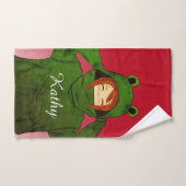 ガールウィンググリーンカエルフード付スケッチ名前をカスタムする ハンドタオル (ハンドタオル)