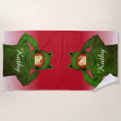 ガールウィンググリーンカエルフード付スケッチ名前をカスタムする ビーチタオル (正面)