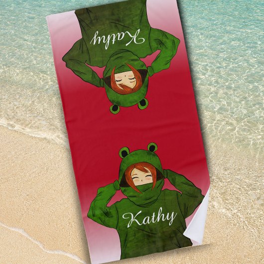 ガールウィンググリーンカエルフード付スケッチ名前をカスタムする ビーチタオル