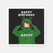 ガールウィンググリーンカエルフード付スケッチ誕生日パーティー スタンダードカクテルナプキン (正面)