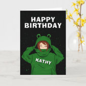 ガールウィンググリーンカエルフード付スケッチ誕生日 カード (黄色い花)