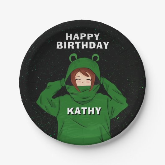 ガールウィンググリーンカエルフード付スケッチ誕生日 ペーパープレート (正面)