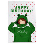 ガールウィンググリーンカエルフード付スケッチ誕生日 ミディアムペーパーバッグ (正面)