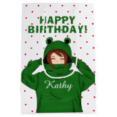 ガールウィンググリーンカエルフード付スケッチ誕生日 ミディアムペーパーバッグ (裏面)