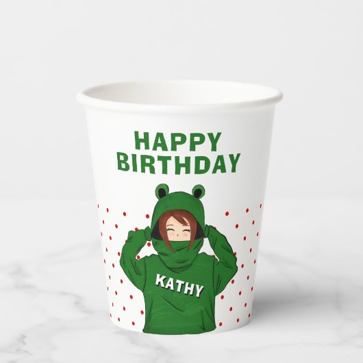 ガールウィンググリーンカエルフード付スケッチ誕生日 紙コップ (正面)