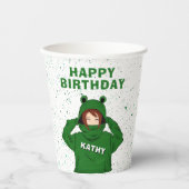 ガールウィンググリーンカエルフード付スケッチ誕生日 紙コップ (正面)