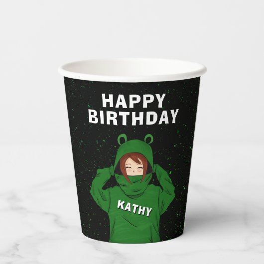 ガールウィンググリーンカエルフード付スケッチ誕生日 紙コップ (裏面)