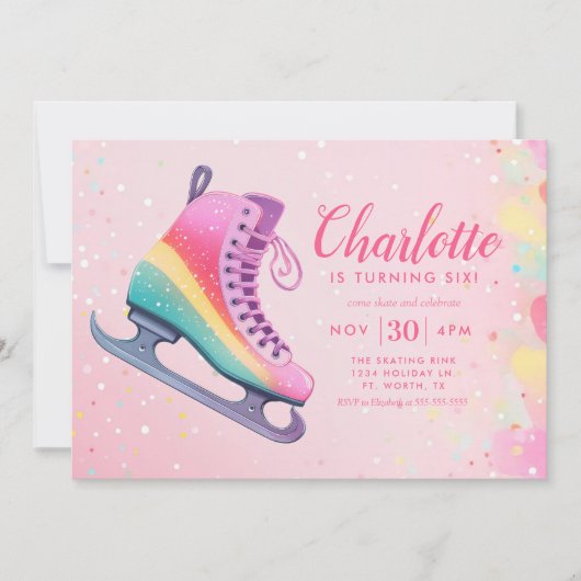 ガールウィンターアイススケートで滑る誕生日パーティー 招待状 (正面)