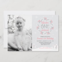 ガールウィンターオネダーランド写真1st誕生日招待状