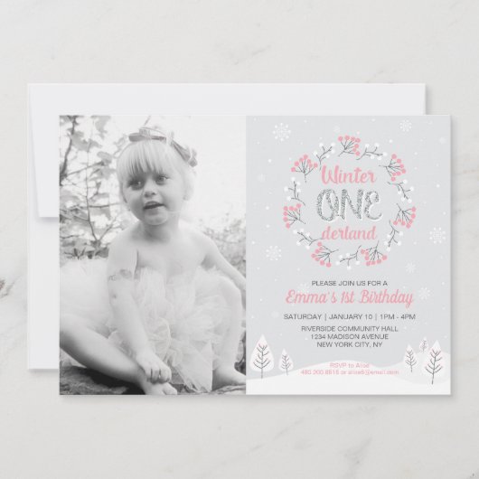 ガールウィンターオネダーランド写真1st誕生日招待状 招待状 (正面)