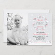 ガールウィンターオネダーランド写真1st誕生日招待状