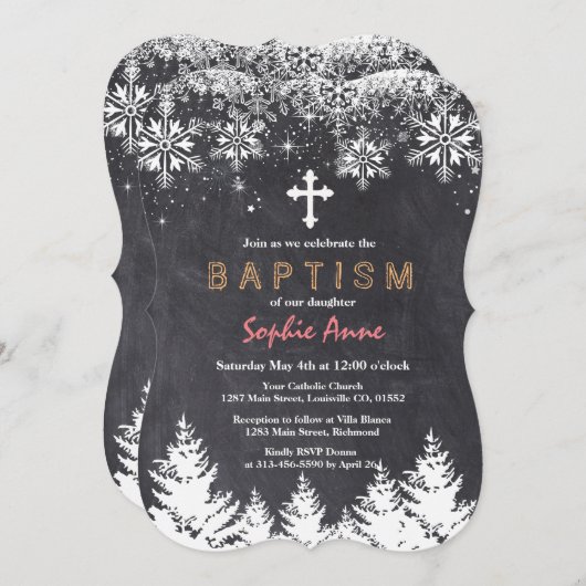 ガールウィンターホリデースノーフレークスシャルボードバプテスマ 招待状 (正面/裏面)
