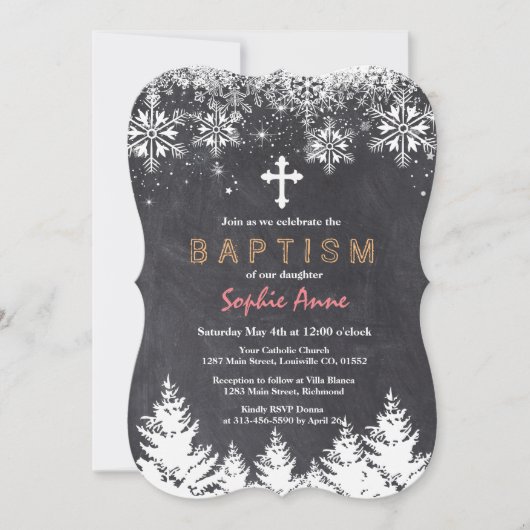 ガールウィンターホリデースノーフレークスシャルボードバプテスマ 招待状 (正面)