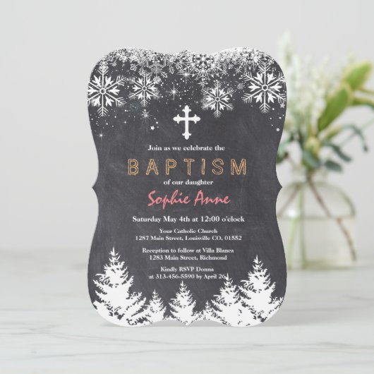 ガールウィンターホリデースノーフレークスシャルボードバプテスマ 招待状 (スタンド正面)