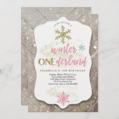 ガールウィンターワンダーランドをテーマにした最初の誕生日パーティー 招待状 (正面/裏面)