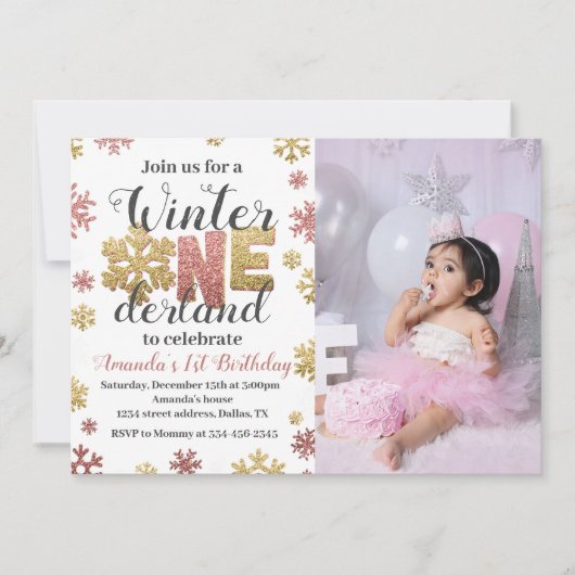 ガールウィンターワンダーランド誕生日招待状写真 招待状 (正面)