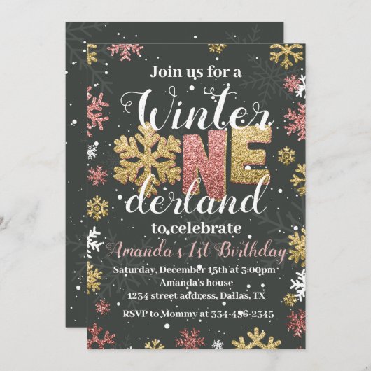 ガールウィンターワンダーランド誕生日招待状金ゴールド 招待状 (正面/裏面)