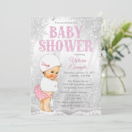 ガールウィンターワンダーランド赤ちゃんシャワーピンクのスノーフレーク 招待状 (スタンド正面)