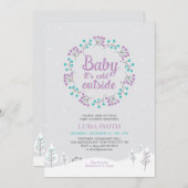 ガールウィンターワンダーランド赤ちゃんシャワー紫&ティール(緑がかった色) 招待状 (正面/裏面)