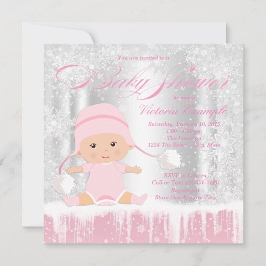 ガールウィンターワンダーランド雪ベビーシャワー招待状 招待状 (正面)