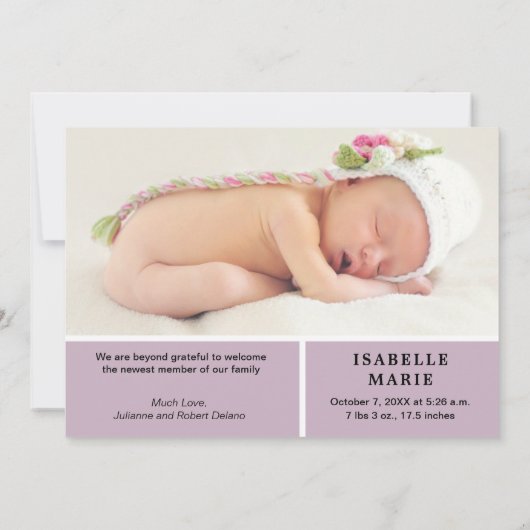 ガールウェルカムスウィートベビーフォトコラージュ誕生 案内状 (裏面)