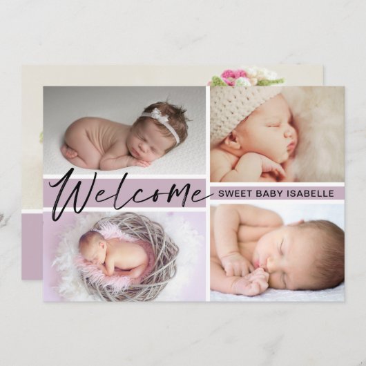 ガールウェルカムスウィートベビーフォトコラージュ誕生 案内状 (正面/裏面)
