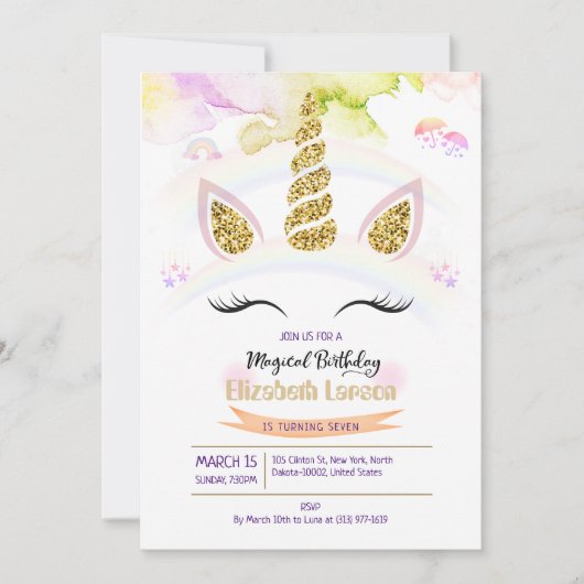 ガールウォーカラフルターカラーマジカルバースデーパーティー 招待状 (正面)