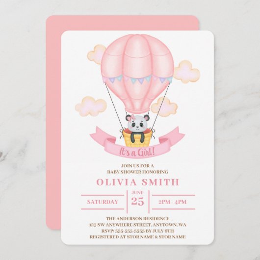 ガールウォーターのホットエアバルーン付きパンダ 招待状 (正面/裏面)
