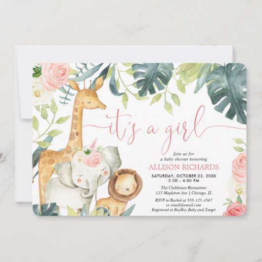 ガールウォーターの色のサファリ動物のベビーシャワー 招待状 (正面)