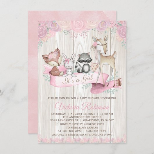 ガールウォーターの色ウッドランド動物のフローラ赤ちゃんシャワー 招待状