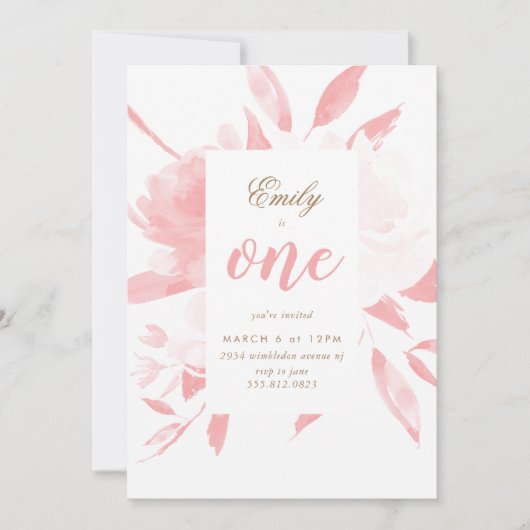 ガールウォーターカラーピンクファースト誕生日招待状 招待状 (正面)