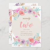 ガールウォーターカラーフラワーズセカンド誕生日招待状 招待状 (正面/裏面)