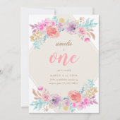 ガールウォーターカラーフラワーファースト誕生日招待状 招待状 (正面)