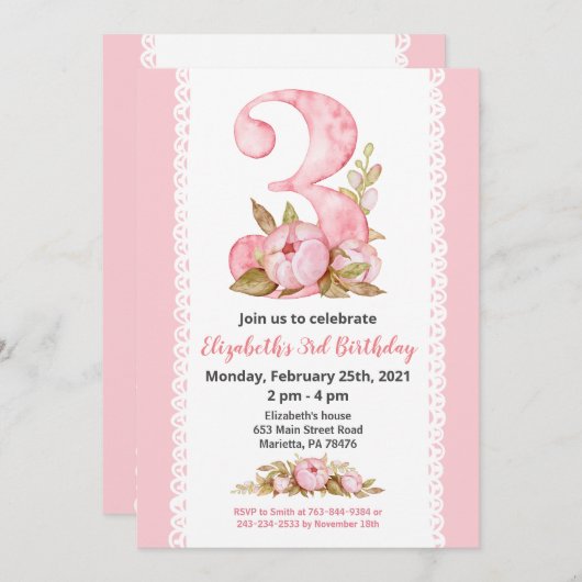 ガールウォーターカラーフローラ第3誕生日招待状 招待状 (正面/裏面)