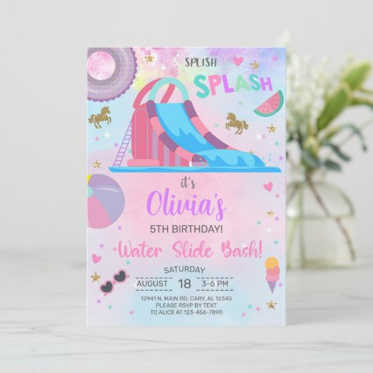 ガールウォータースライド夏の誕生日の招待招待状 招待状 (スタンド正面)