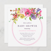 ガールウォーター色ピンクのフローラベビーシャワー 招待状 (正面/裏面)