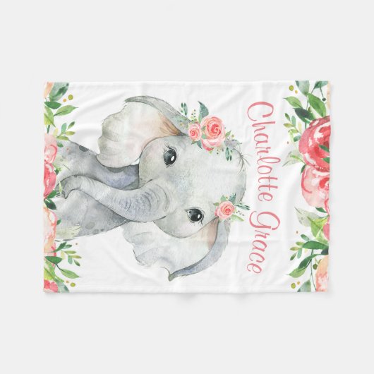 ガールウォーター色フローラ象パーソナライズされた フリースブランケット (正面(横))