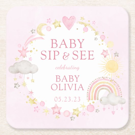 ガールウォーター色レインボーベビーsipと参照 スクエアペーパーコースター (正面)