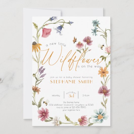 ガールウォーター色ワイルドフラワーベビーシャワー招待状 招待状 (正面)
